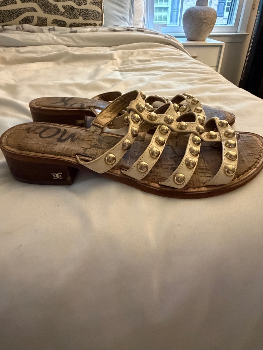 Sam Edelman Cream Leather Studded Slide Sandals